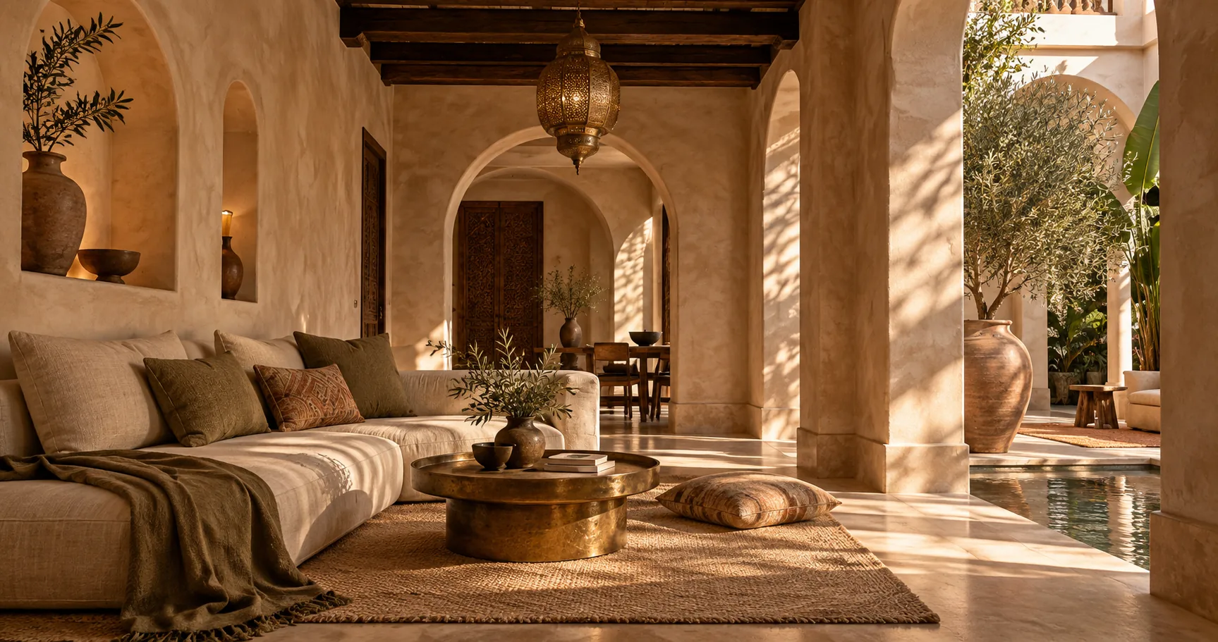 Warm courtyard lounge in Moroccan architecture