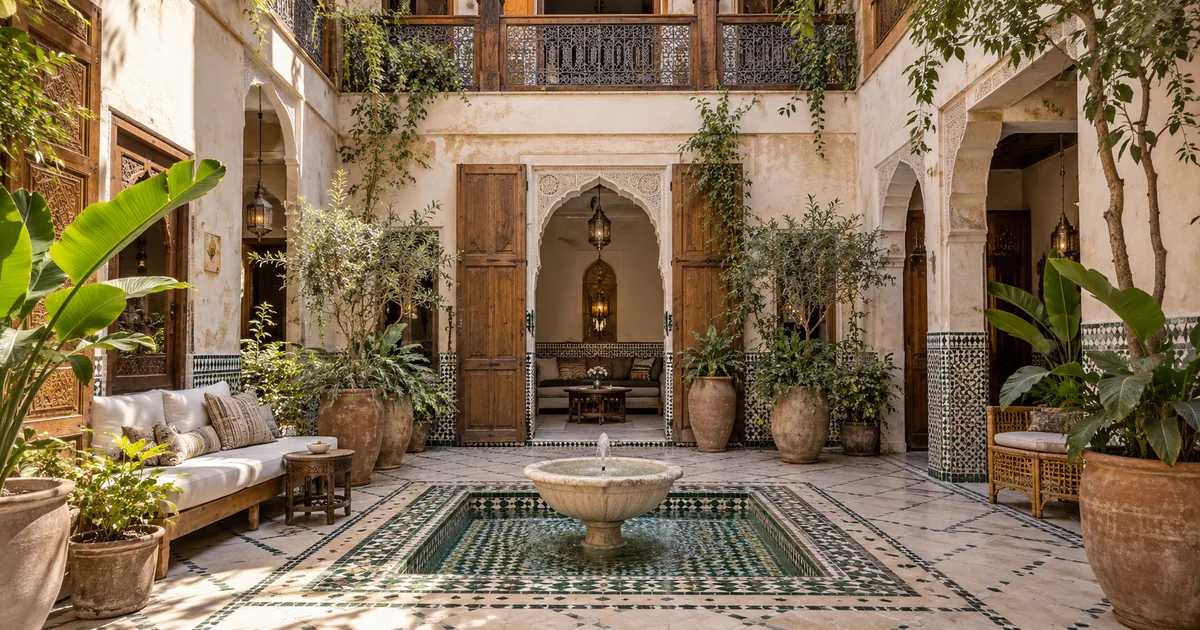 Illustrative riad courtyard with a fountain in Marrakech Medina
